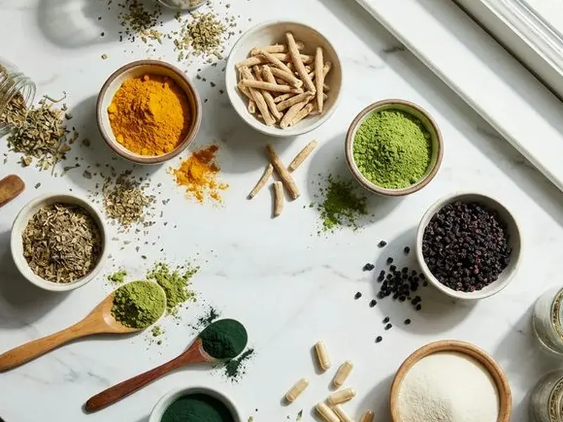 Botanical ingredients and powders in bowls on a marble counter