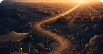 Illustration of a winding path from a single workbench bottle to rows of identical bottles on the horizon, representing a brand scaling from first batch to volume